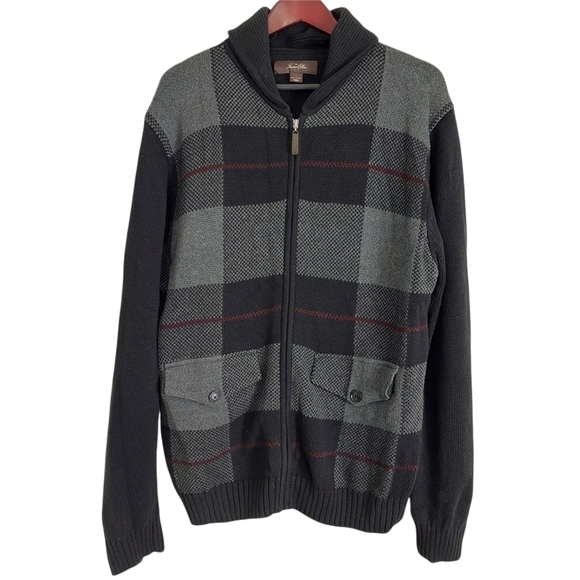 Tasso Elba Other - Tasso Elba Men's Size Large Zip-Front Cardigan Sweater Black Gray Plaid Pockets‎